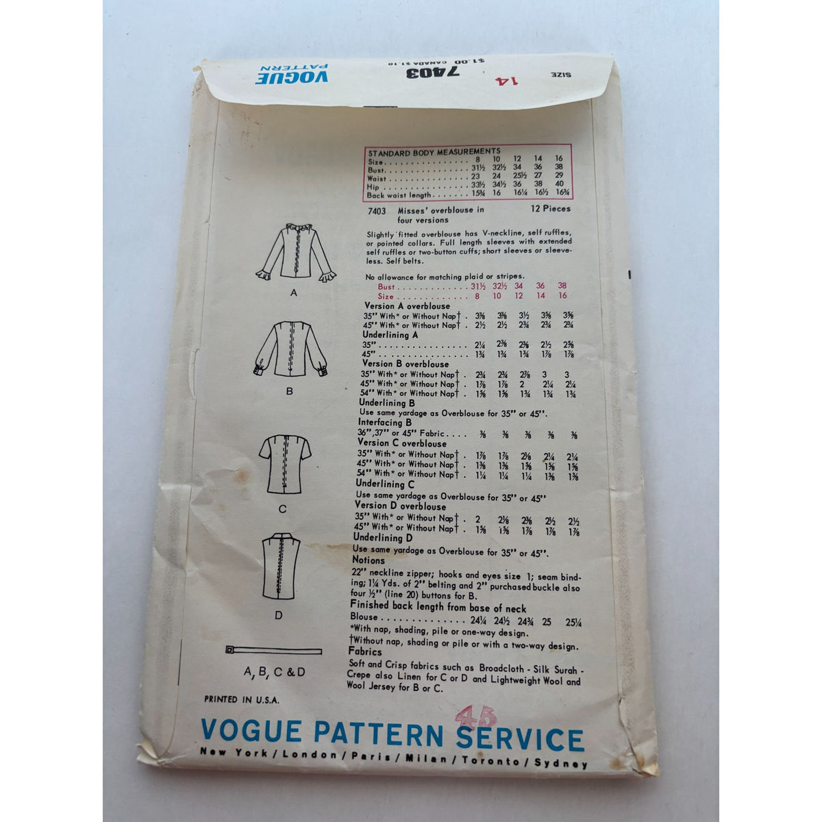 Vogue Sewing Pattern 7403 Misses Blouse Shirt Top Work Evening 1960s 14 Uncut