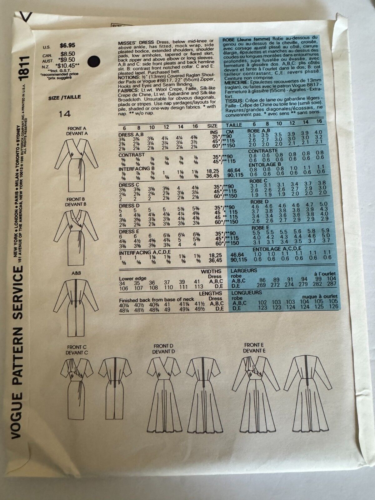 Vogue Sewing Pattern 1811 Power Shoulder Wrap 80s Vintage Size 14 Uncut Office Evening