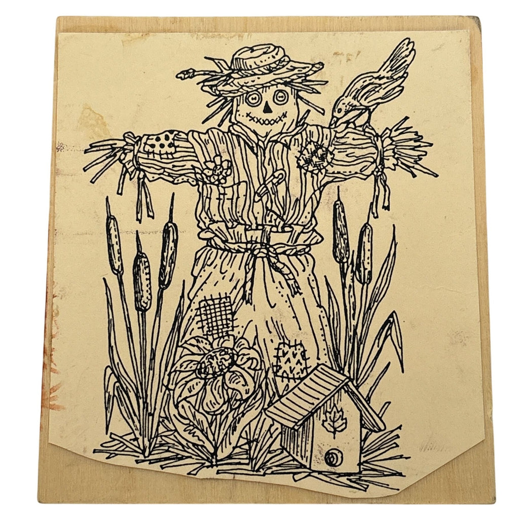 Rubber Stamp Scarecrow Bird Birdhouse Cattails Autumn Fall Card Making Country Farm Wood Mounted