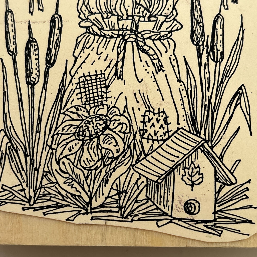 Rubber Stamp Scarecrow Bird Birdhouse Cattails Autumn Fall Card Making Country Farm Wood Mounted