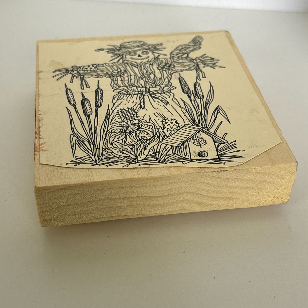 Rubber Stamp Scarecrow Bird Birdhouse Cattails Autumn Fall Card Making Country Farm Wood Mounted