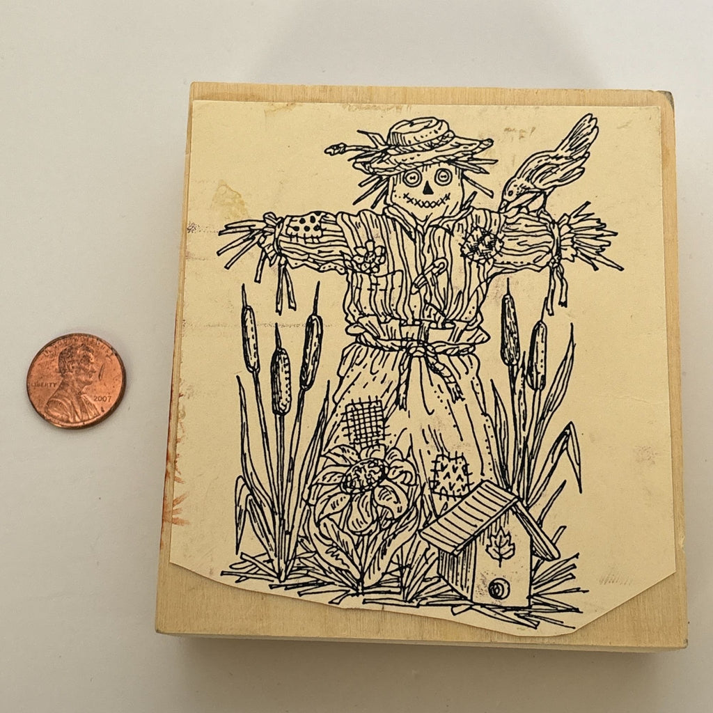 Rubber Stamp Scarecrow Bird Birdhouse Cattails Autumn Fall Card Making Country Farm Wood Mounted