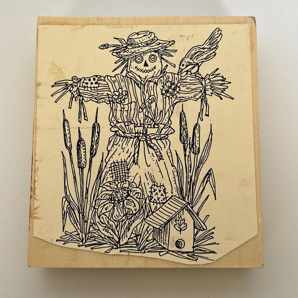 Rubber Stamp Scarecrow Bird Birdhouse Cattails Autumn Fall Card Making Country Farm Wood Mounted