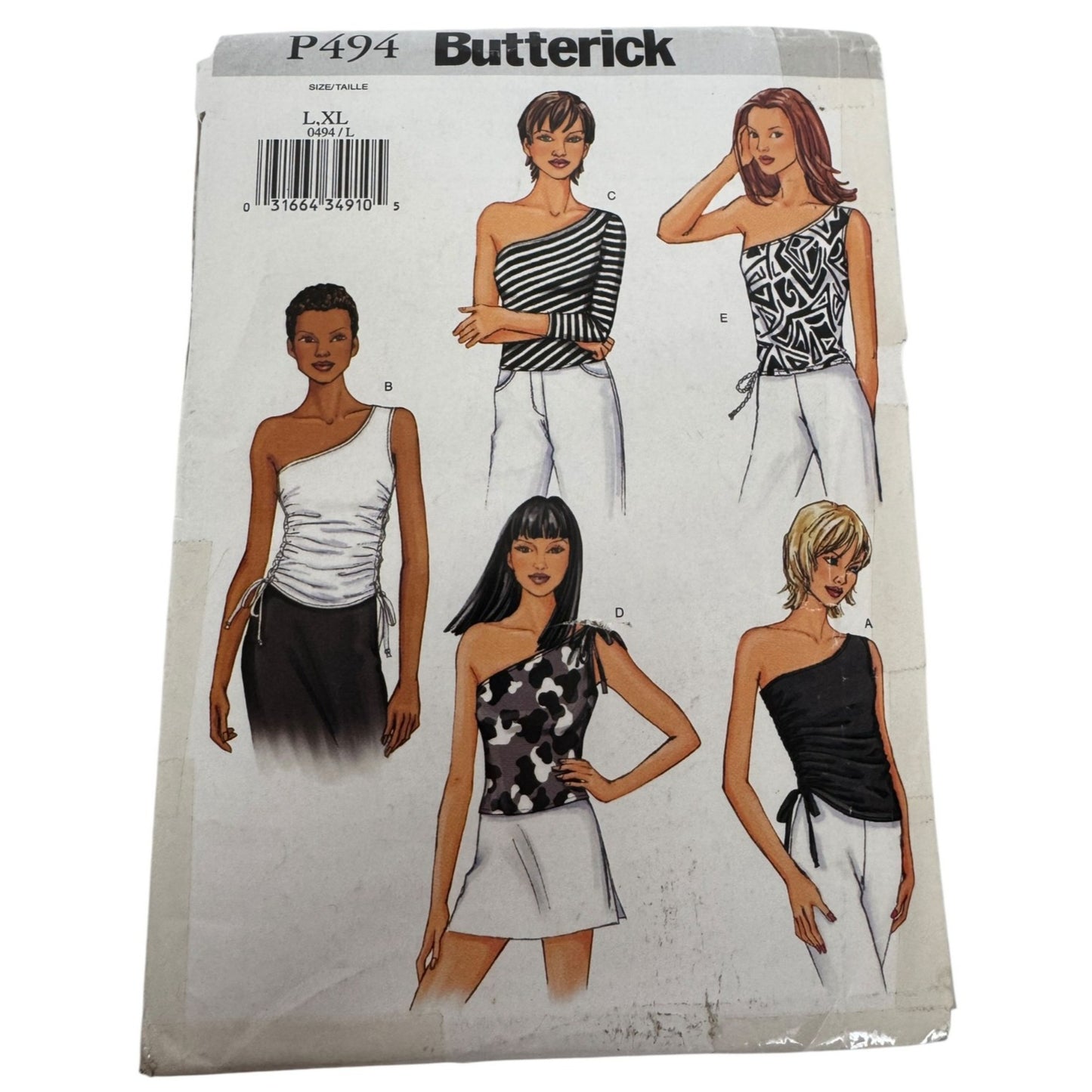 Butterick Sewing Pattern P494 Asymmetrical Tops One Shoulder Ruched Shirt L XL