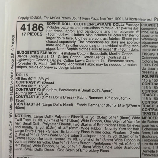 McCalls Sewing Pattern 4186 Sophie Doll Everyday Clothes Clothing Apron Ragtime