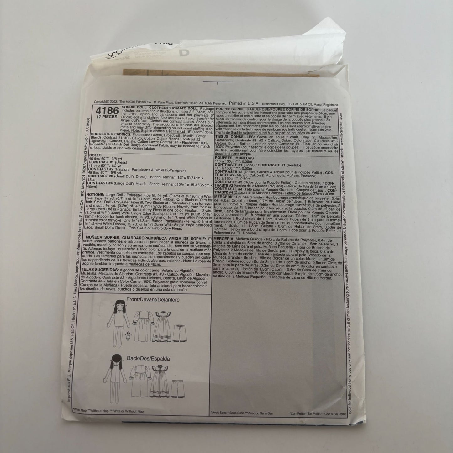 McCalls Sewing Pattern 4186 Sophie Doll Everyday Clothes Clothing Apron Ragtime
