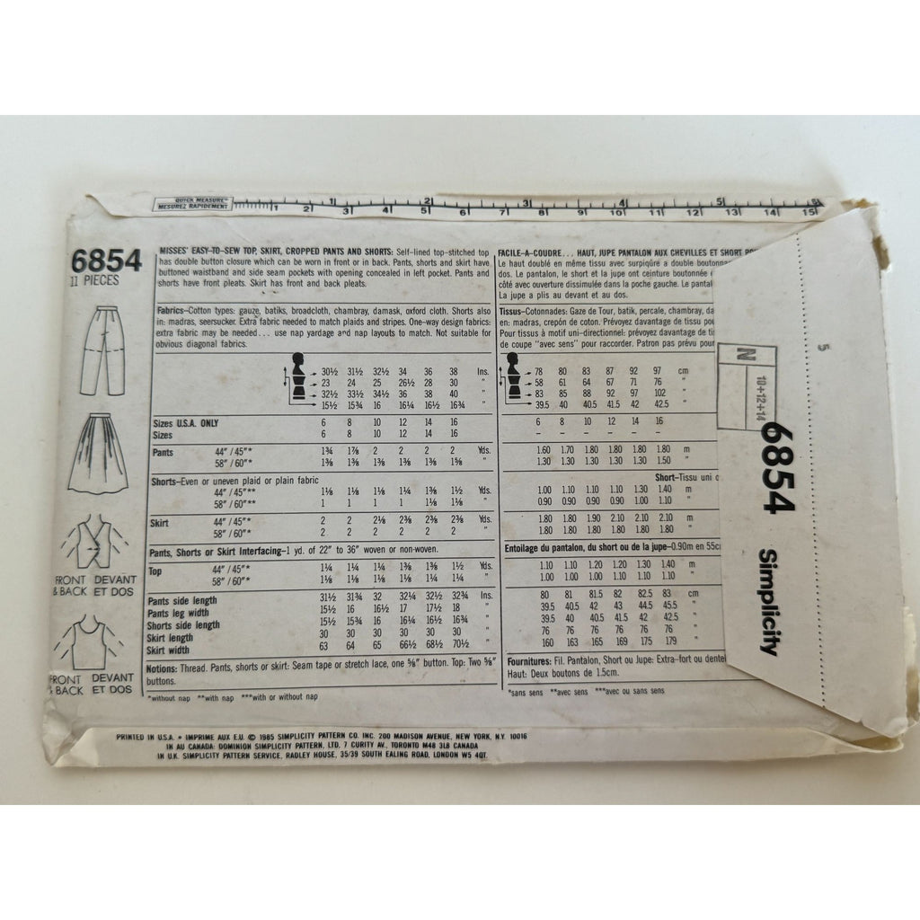 Simplicity Sewing Pattern 6854 Top Skirt Cropped Pants Shorts Outfit 10-14 Uncut