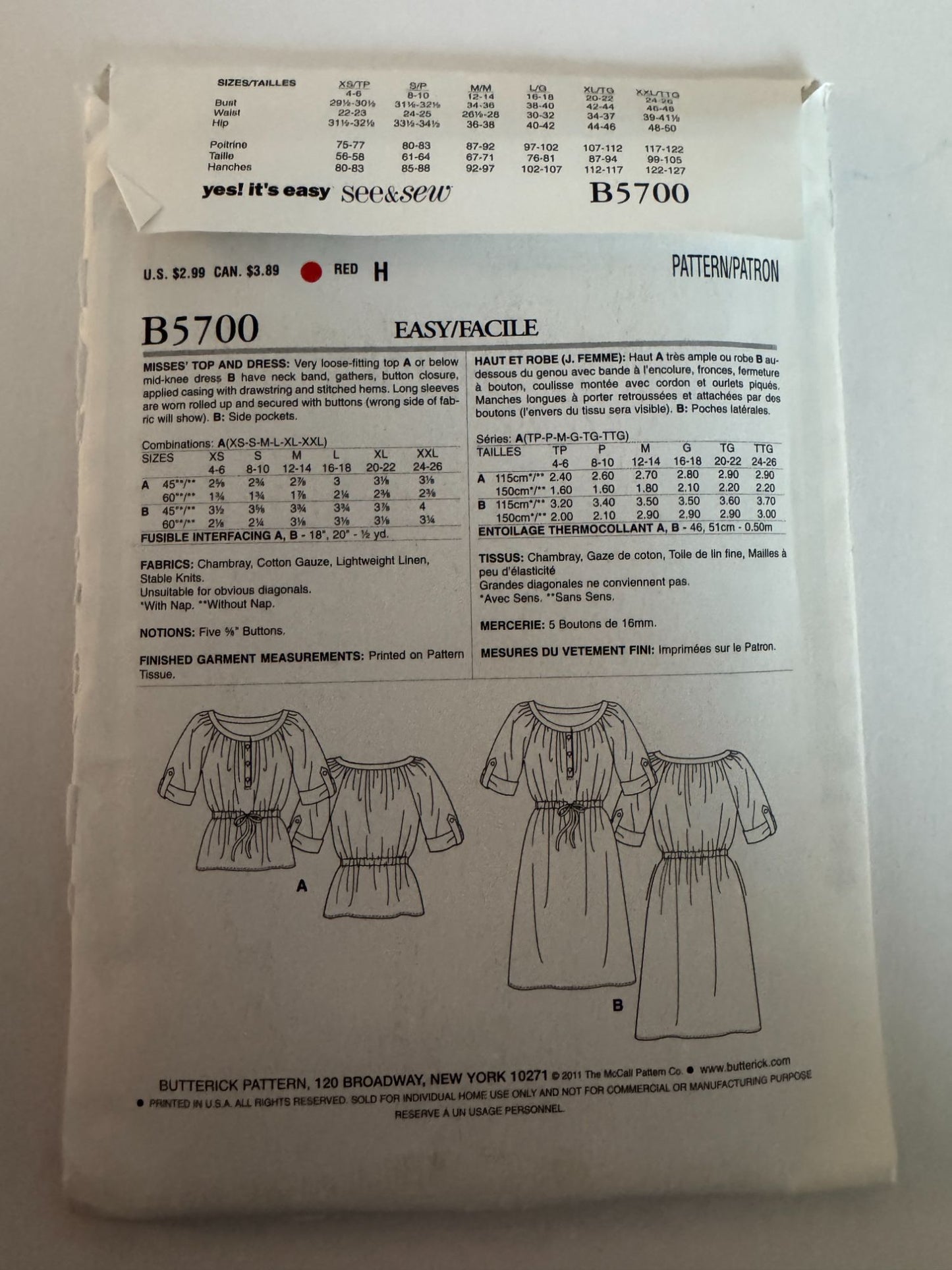 Butterick Sewing Pattern B5700 Easy Tunic Top Dress 4-26 Plus Size Boho Casual
