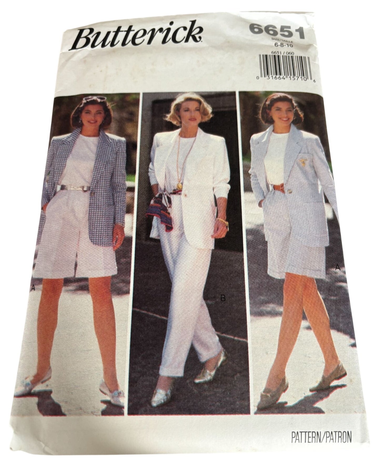 Butterick Sewing Pattern 6651 90s Power Suit Jacket Shorts Pants Top Easy 6-10 Uncut