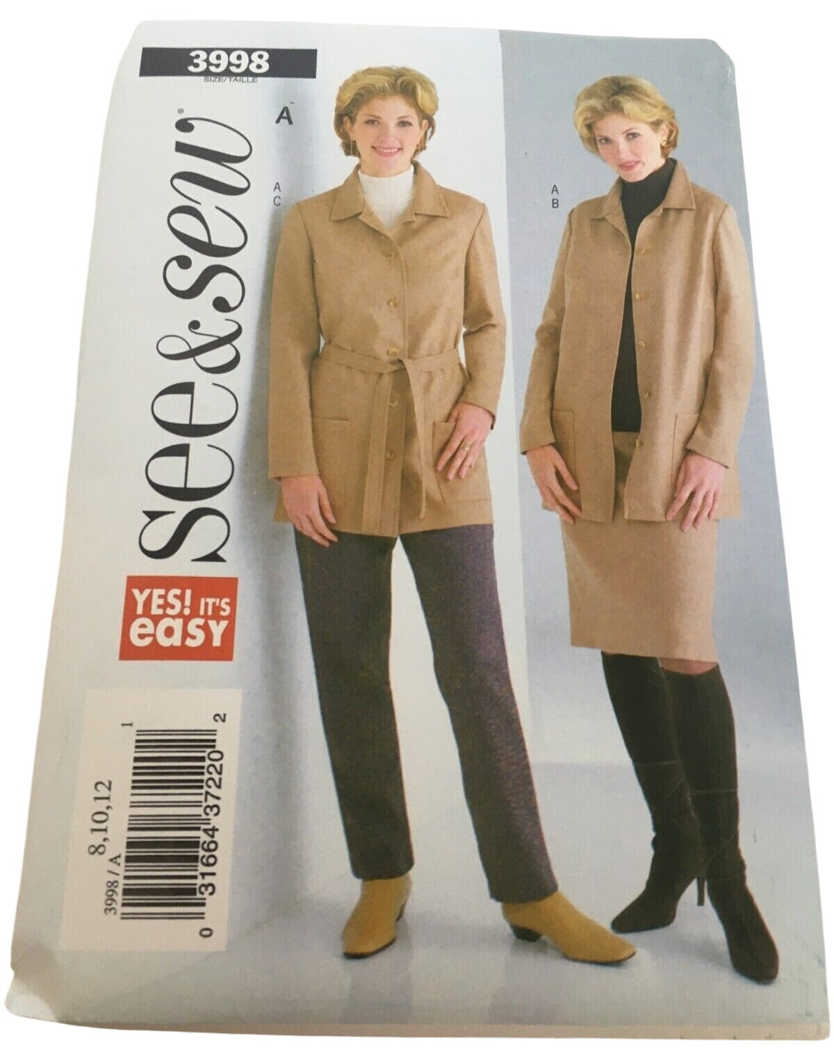 Butterick Sewing Pattern 3998 Capsule Wardrobe Work Jacket Pants 8 10 12 Uncut