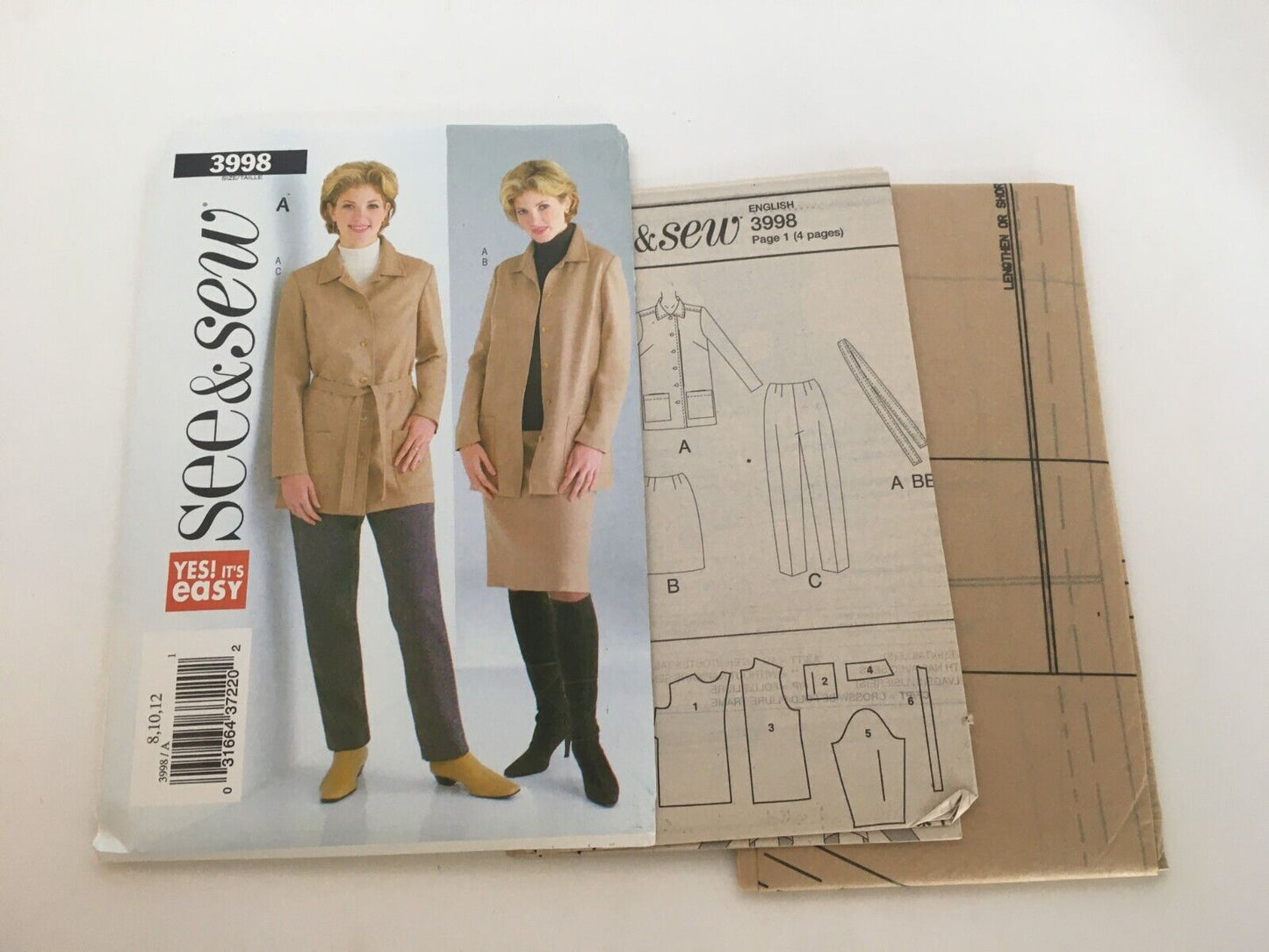 Butterick Sewing Pattern 3998 Capsule Wardrobe Work Jacket Pants 8 10 12 Uncut