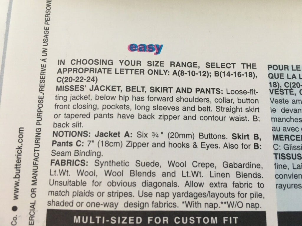 Butterick Sewing Pattern 3998 Capsule Wardrobe Work Jacket Pants 8 10 12 Uncut