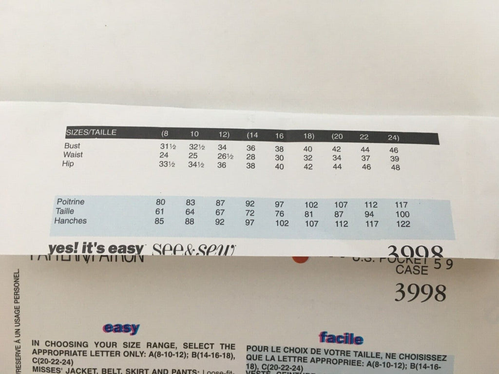 Butterick Sewing Pattern 3998 Capsule Wardrobe Work Jacket Pants 8 10 12 Uncut
