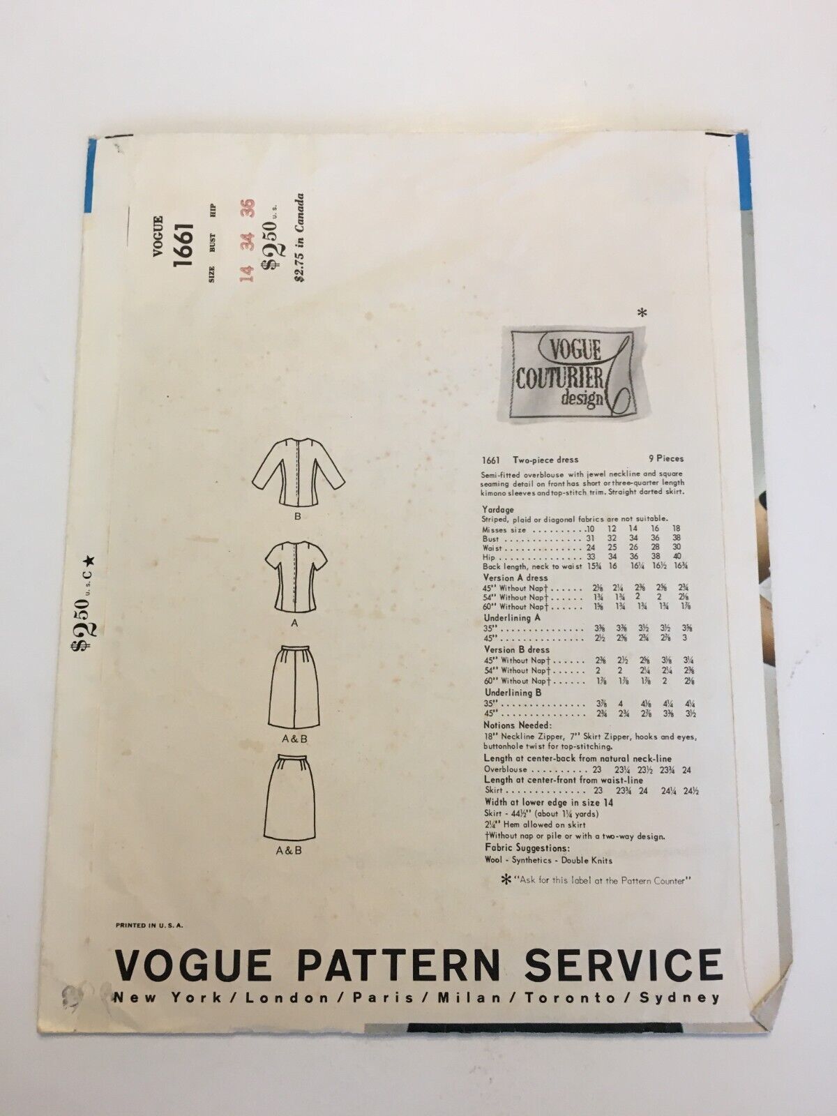Vogue Couturier Design Sewing Pattern 1661 Jo Mattli Dress Suit Mod 60s Vintage 14 CC