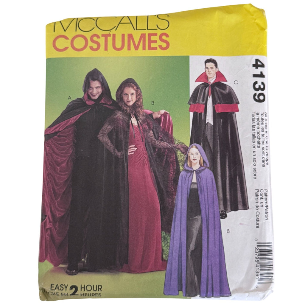 McCalls Sewing Pattern 4139 Hooded Cape Cloak Vampire Gothic Halloween Costume UC Easy S-XL