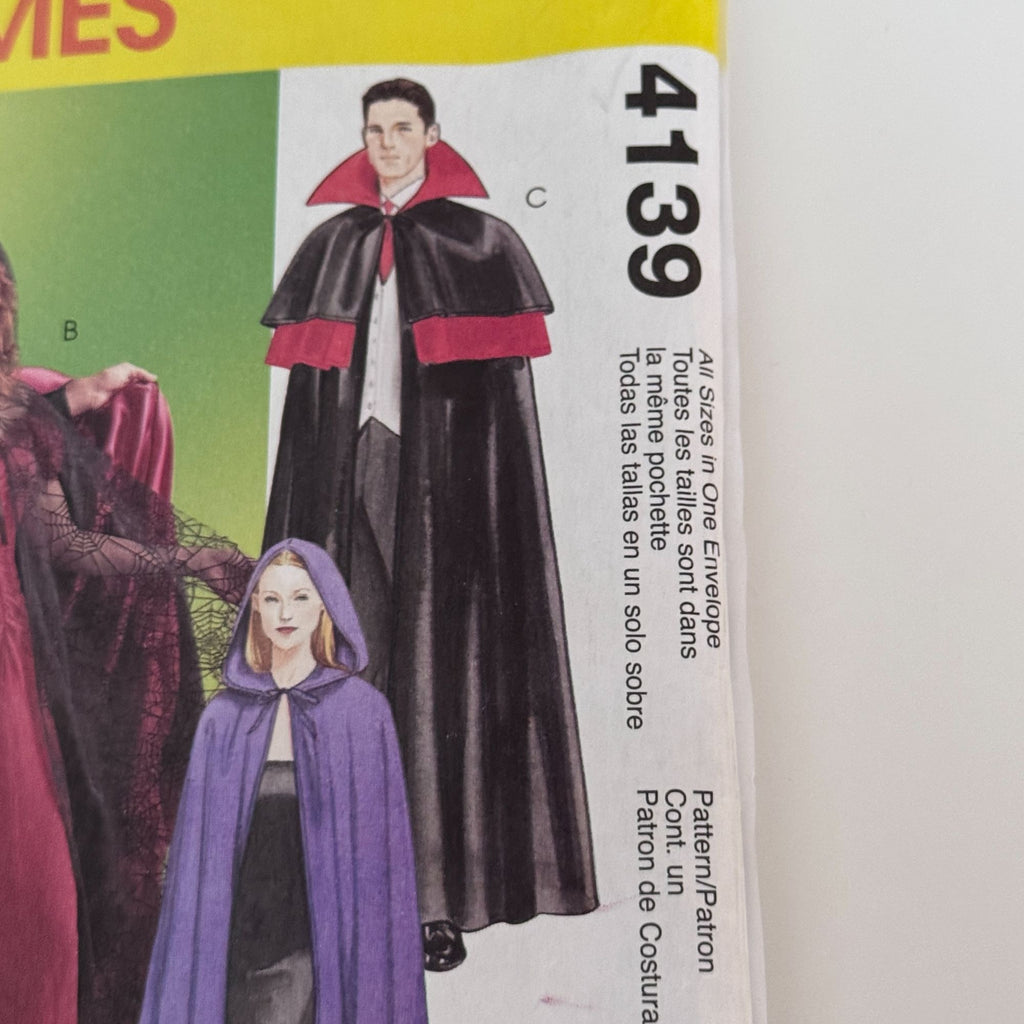 McCalls Sewing Pattern 4139 Hooded Cape Cloak Vampire Gothic Halloween Costume UC Easy S-XL