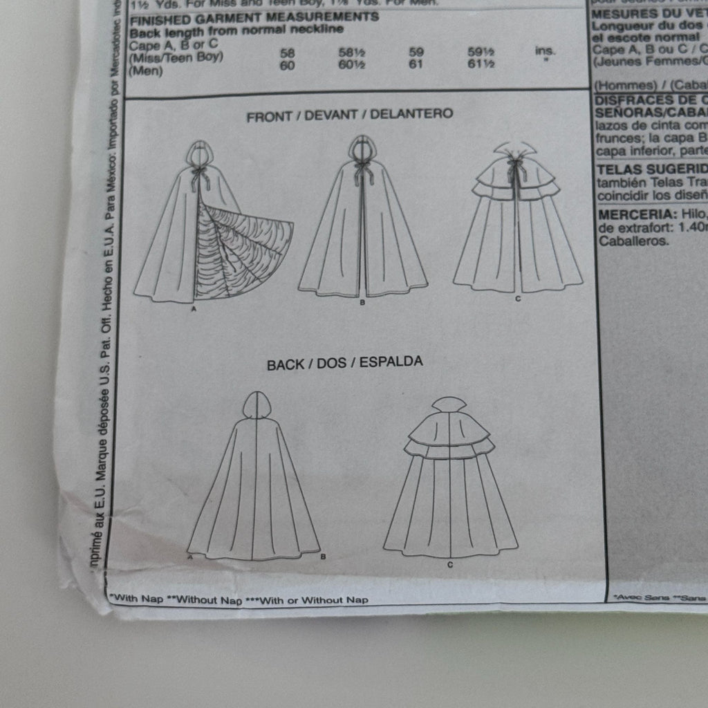 McCalls Sewing Pattern 4139 Hooded Cape Cloak Vampire Gothic Halloween Costume UC Easy S-XL