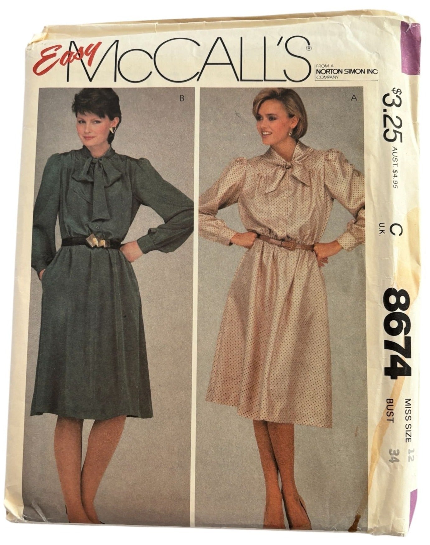 McCalls Sewing Pattern 8674 Dress Vintage Buttoned Bodice Tie Collar 1980s 12 UC