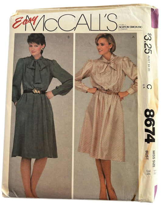 McCalls Sewing Pattern 8674 Dress Vintage Buttoned Bodice Tie Collar 1980s 12 UC