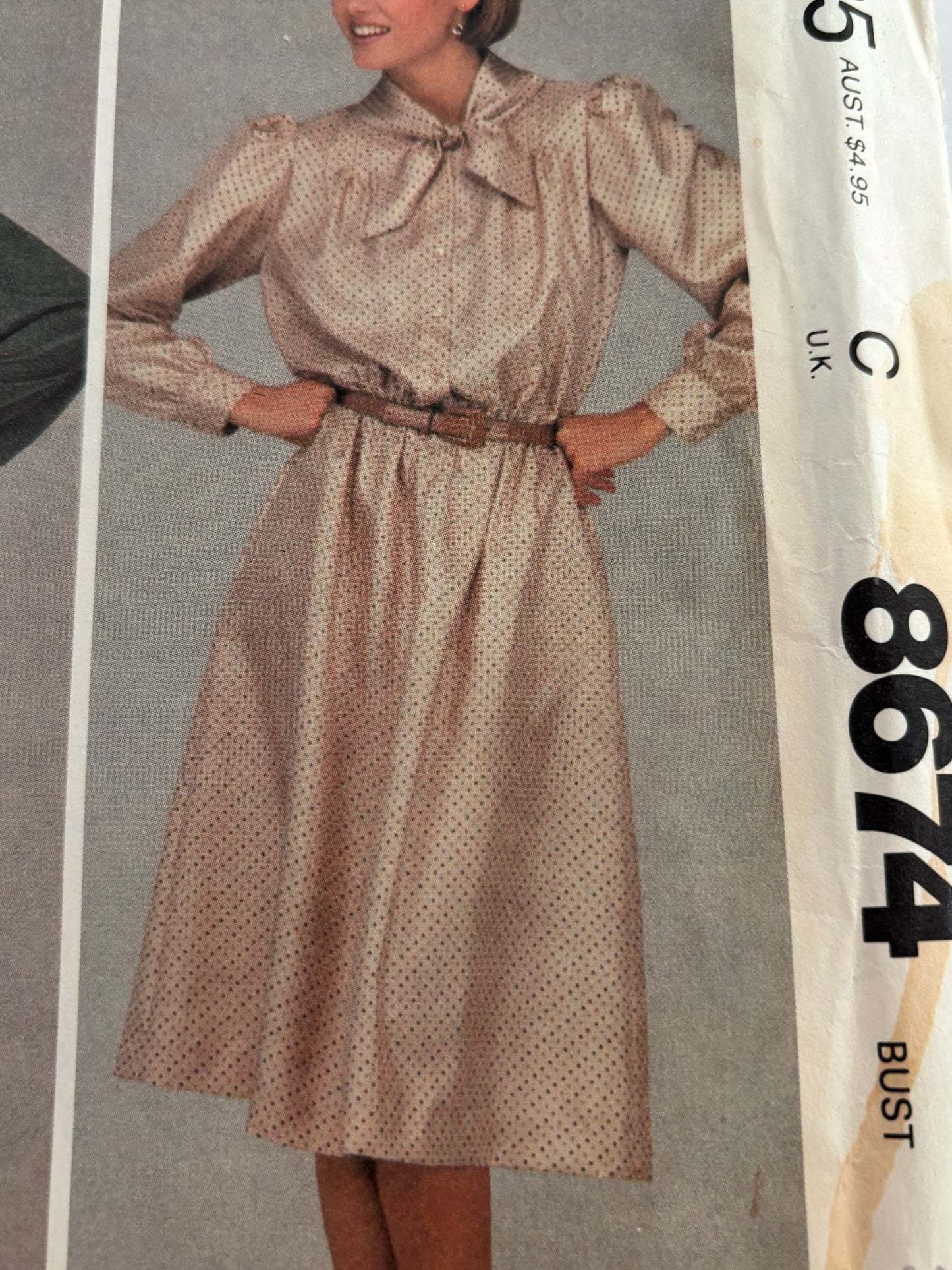 McCalls Sewing Pattern 8674 Dress Vintage Buttoned Bodice Tie Collar 1980s 12 UC