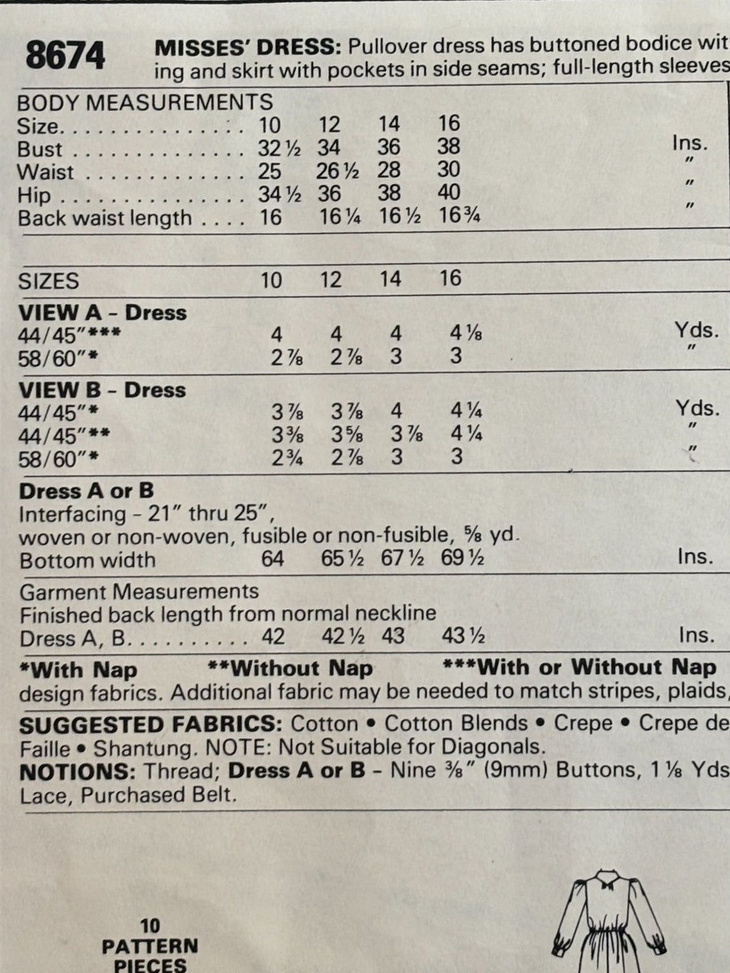 McCalls Sewing Pattern 8674 Dress Vintage Buttoned Bodice Tie Collar 1980s 12 UC