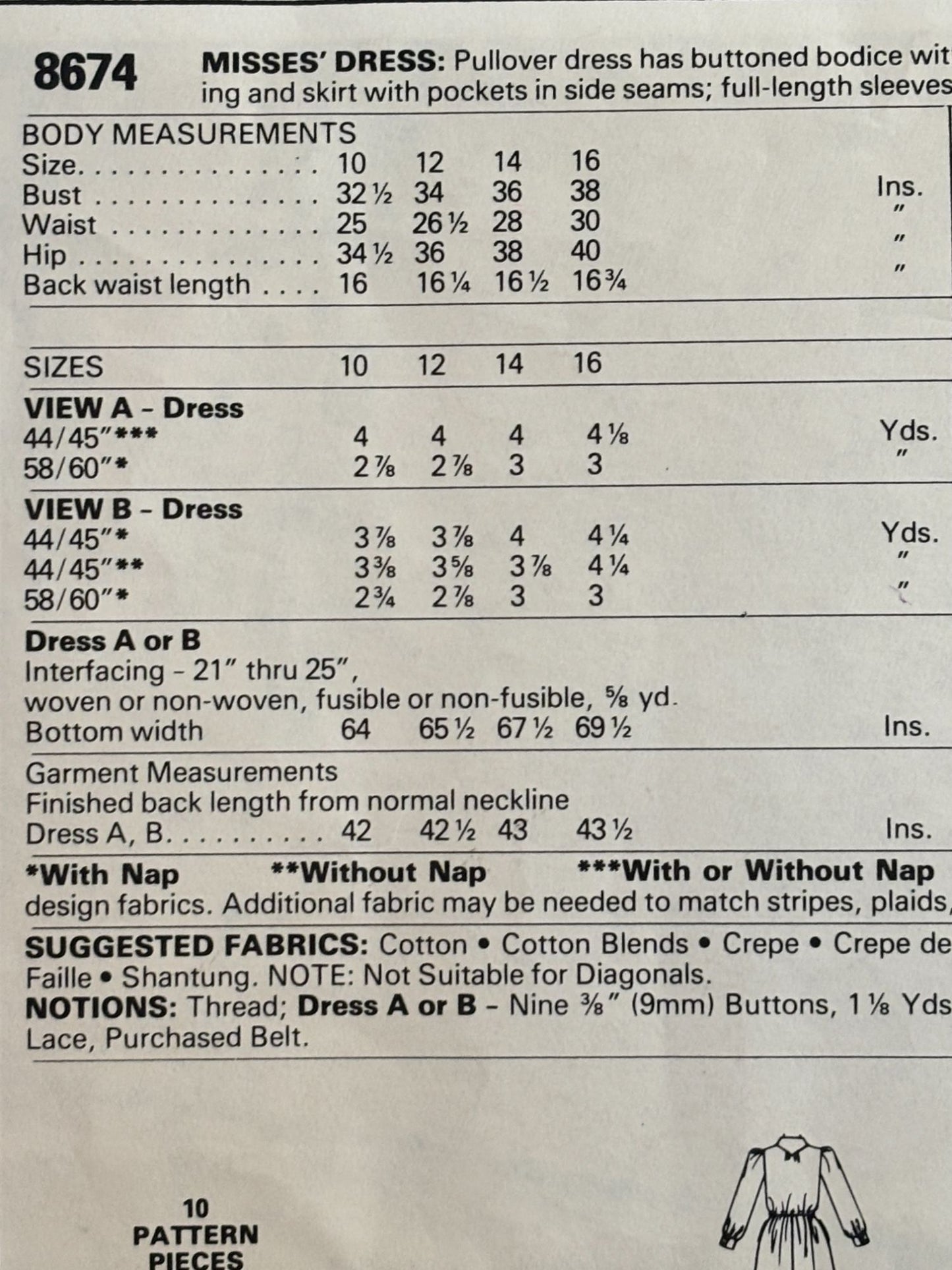 McCalls Sewing Pattern 8674 Dress Vintage Buttoned Bodice Tie Collar 1980s 12 UC