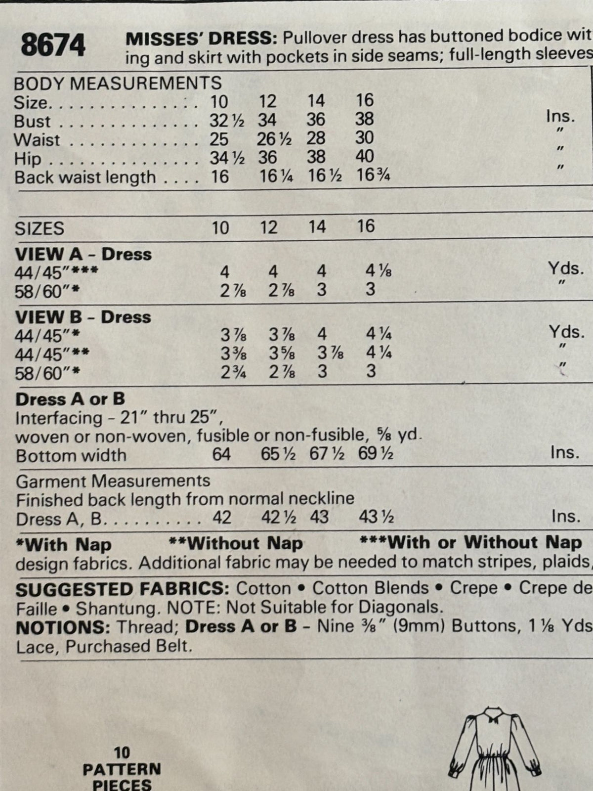 McCalls Sewing Pattern 8674 Dress Vintage Buttoned Bodice Tie Collar 1980s 12 UC