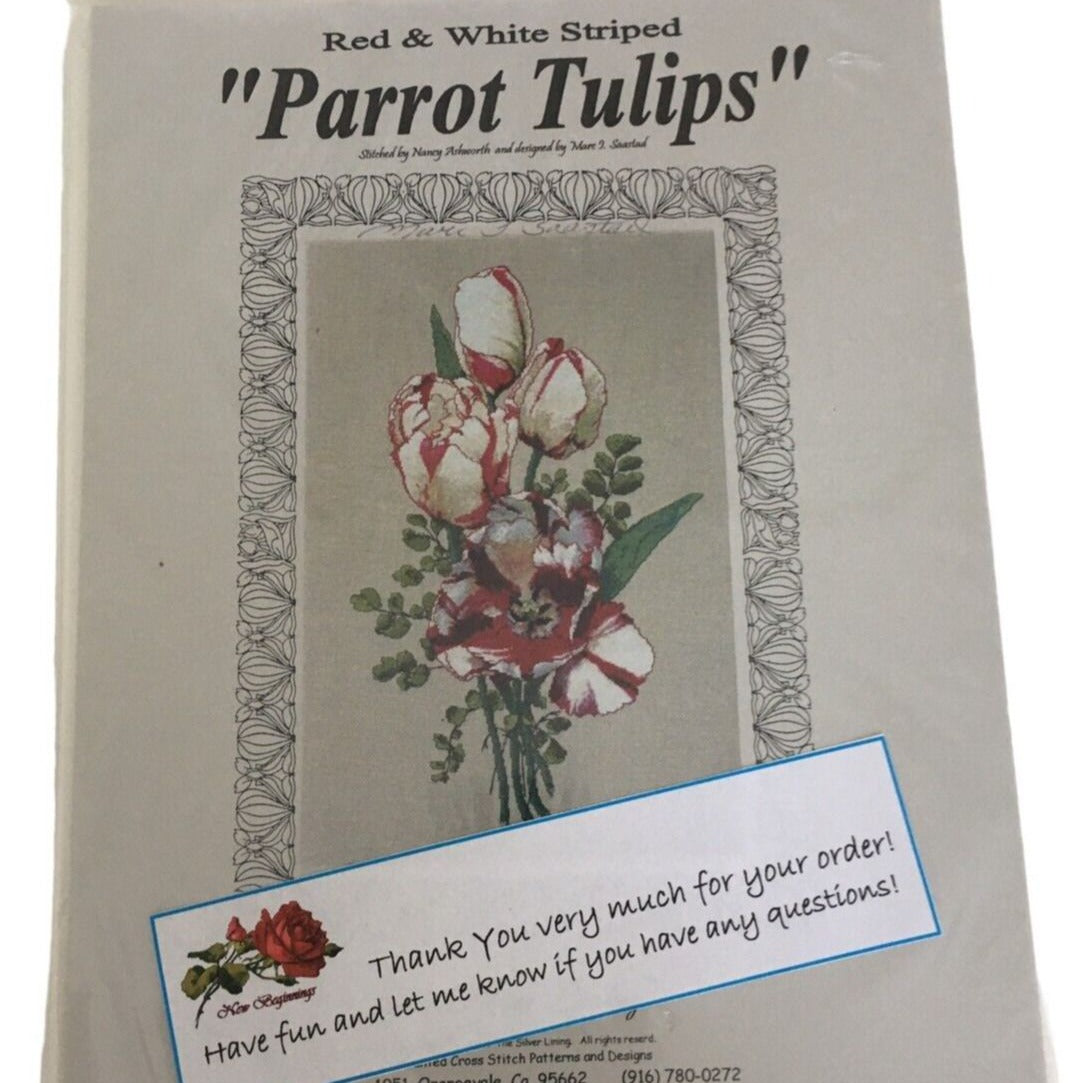 The Silver Lining Cross Stitch Pattern Parrot Tulips Flowers Floral Botanical Spring Bouquet Counted