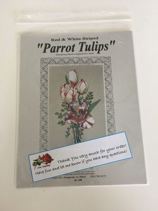 The Silver Lining Cross Stitch Pattern Parrot Tulips Flowers Floral Botanical Spring Bouquet Counted
