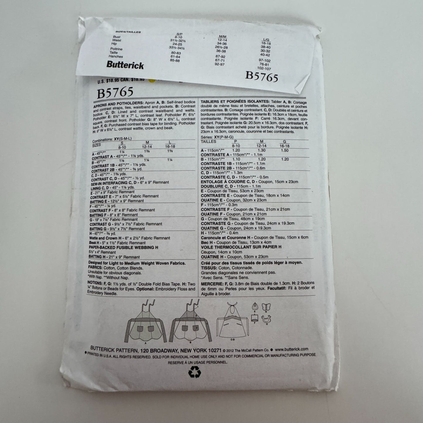 Butterick Sewing Pattern B5765 Halter Kitchen Apron Potholder Holiday S M L 8-18