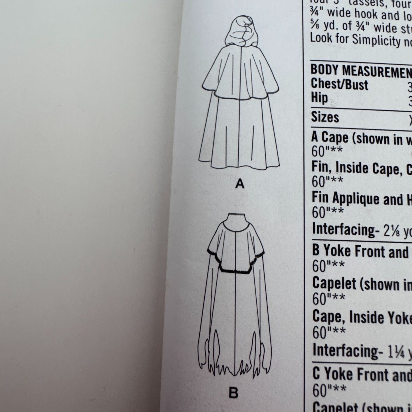Simplicity Sewing Pattern 1040A Costume Cape Medieval Cosplay LARP Steampunk Uncut XS-XL