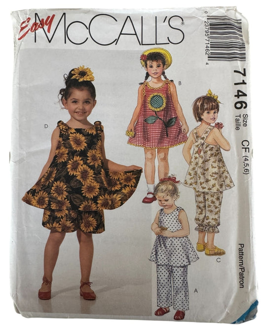 McCalls Sewing Pattern 7146 Girls Dress Tops Pants Shorts Sizes 4 5 6 Easy Uncut