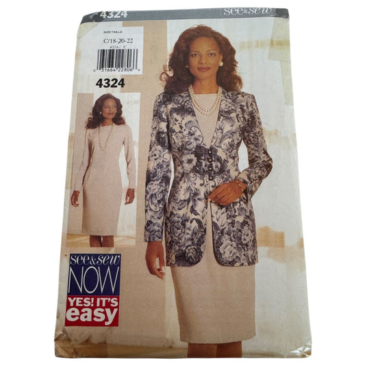 Butterick See and Sew Sewing Pattern 4324 Suit Jacket Dress Blazer 18 20 22 UC