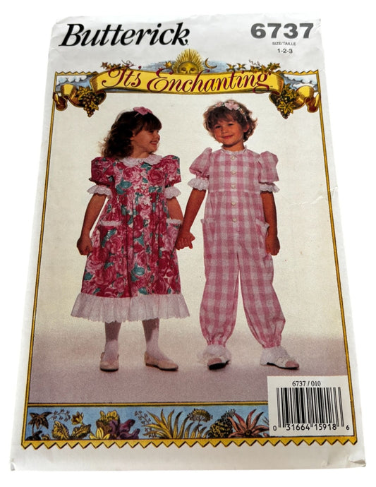 Butterick Sewing Pattern 6737 Dress Jumpsuit Toddler Girls 12M 2T 3T Easter Uncut