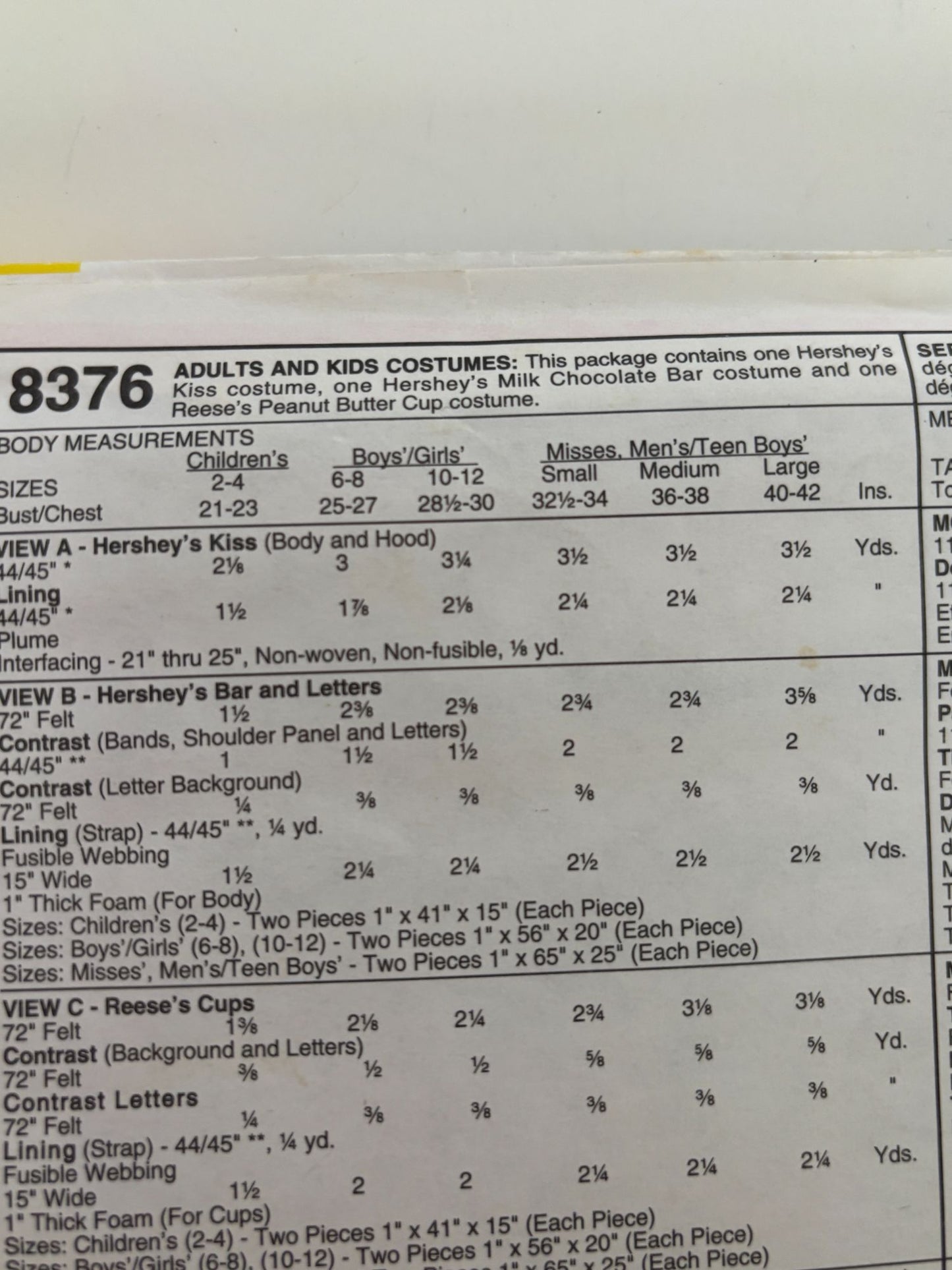 McCalls Sewing Pattern 8376 Halloween Candy Costume Hersheys Kiss Reeses Kid 6 8