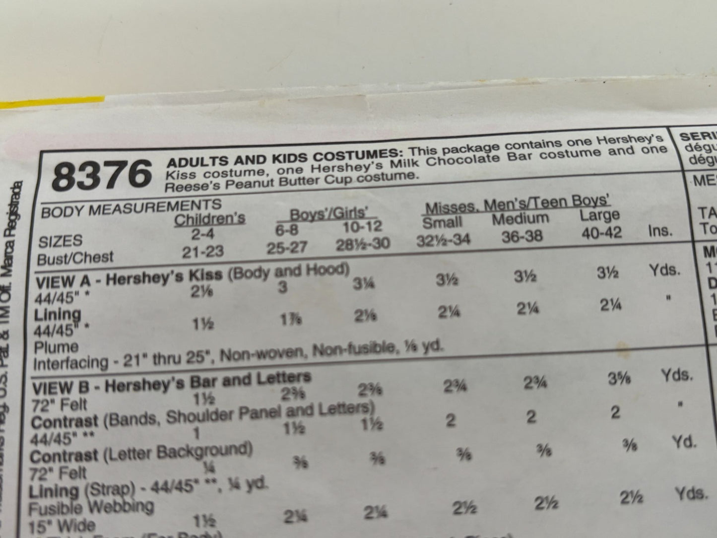 McCalls Sewing Pattern 8376 Halloween Candy Costume Hersheys Kiss Reeses Kid 6 8