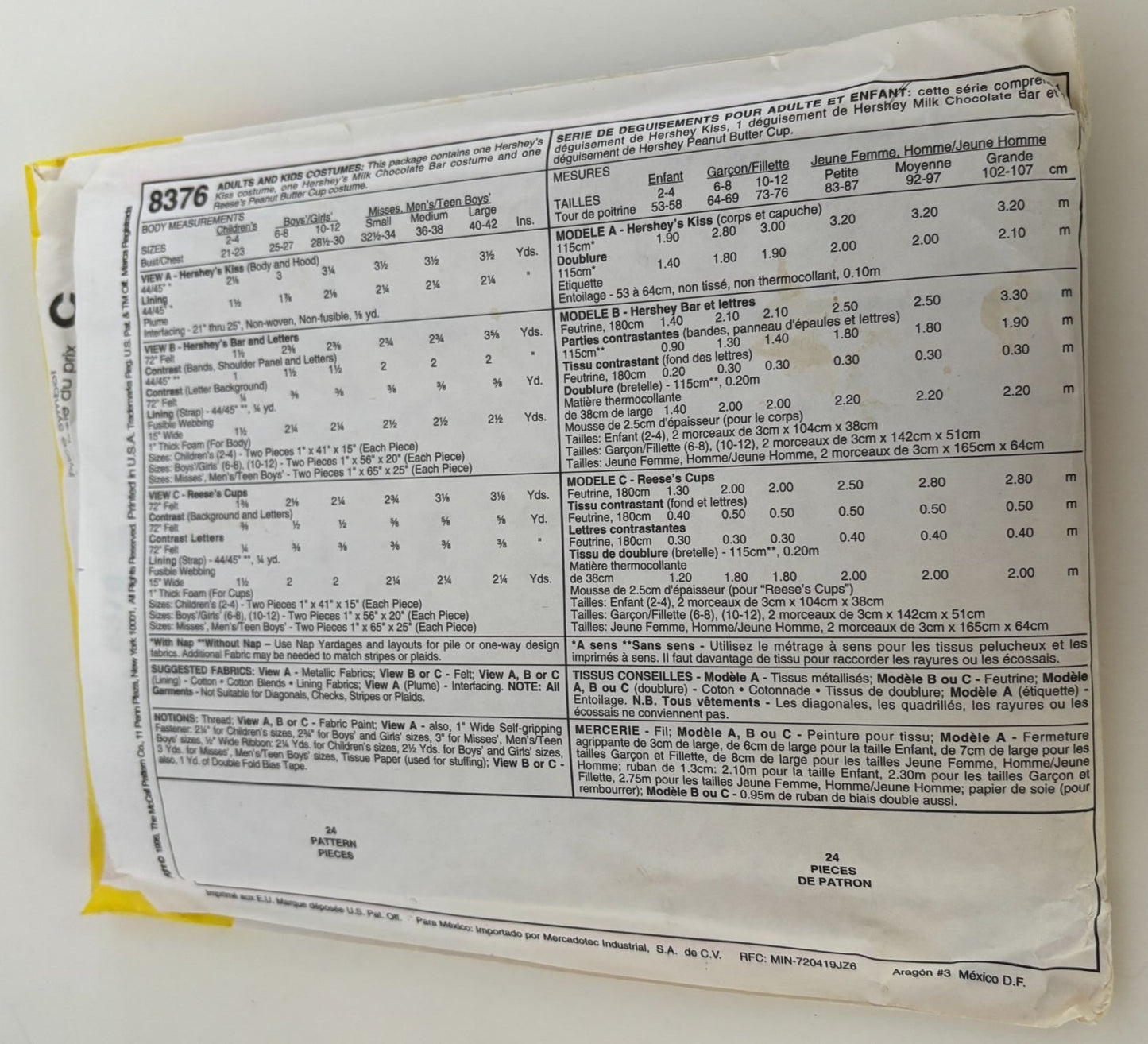 McCalls Sewing Pattern 8376 Halloween Candy Costume Hersheys Kiss Reeses Kid 6 8