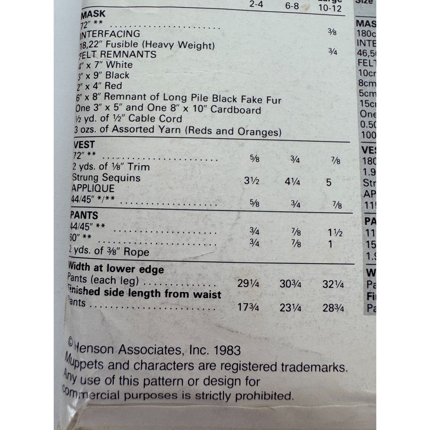 Vogue Sewing Pattern 8788 Craft Jim Hensons Muppet Animal Kids Halloween Costume