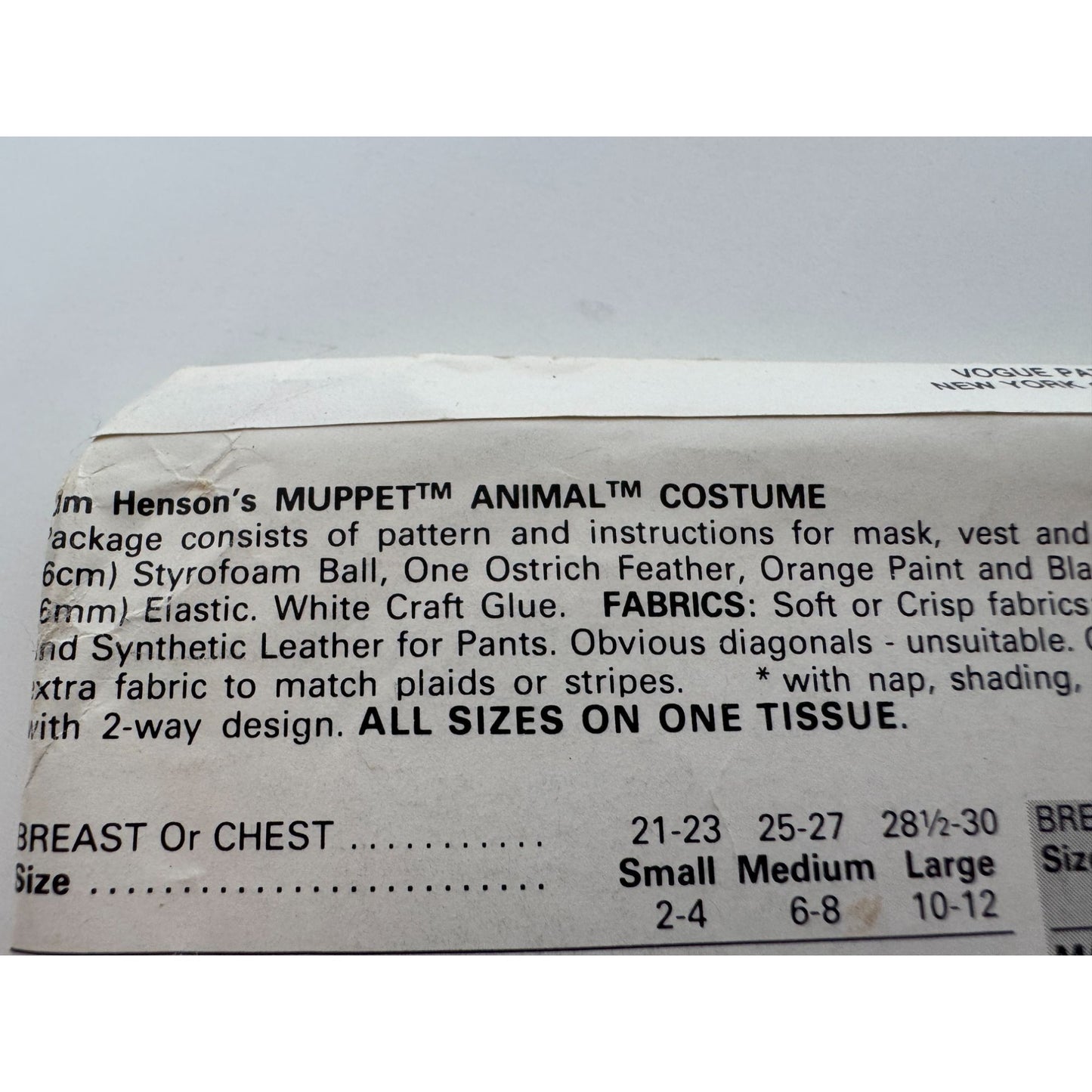 Vogue Sewing Pattern 8788 Craft Jim Hensons Muppet Animal Kids Halloween Costume