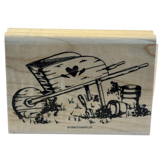 Stampin Up Rubber Stamp Wheelbarrow Garden Tools Flower Pots Gardening Gardener