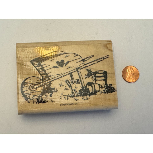 Stampin Up Rubber Stamp Wheelbarrow Garden Tools Flower Pots Gardening Gardener
