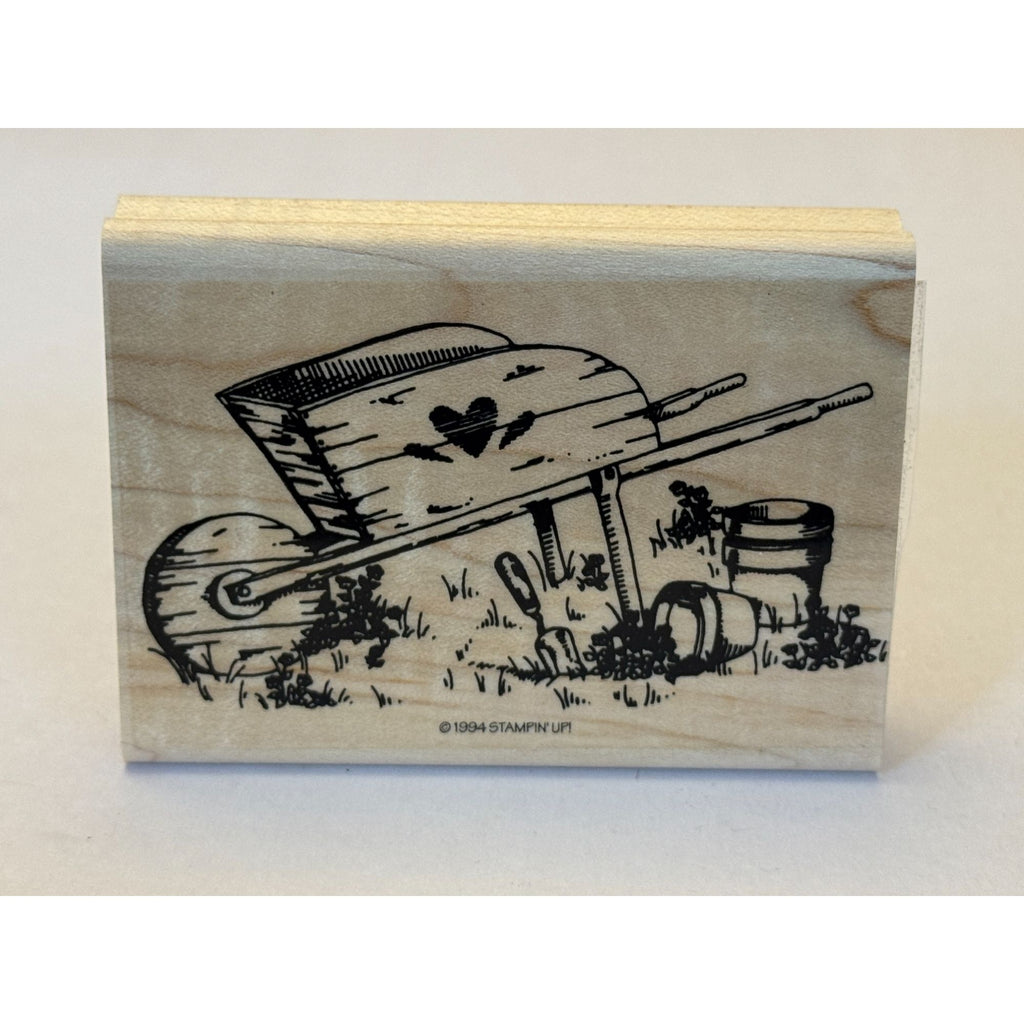 Stampin Up Rubber Stamp Wheelbarrow Garden Tools Flower Pots Gardening Gardener