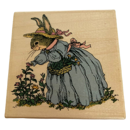 Uptown Rubber Stamp Holly Pond Hill Bunny Rabbit Picking Flowers Susan Wheeler
