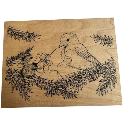 Stampa Rosa Rubber Stamp House Mouse Bird Opening Package from Mouse Gift Ribbon