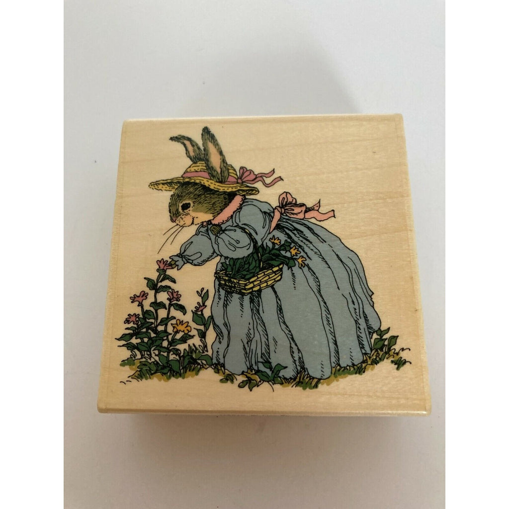 Uptown Rubber Stamp Holly Pond Hill Bunny Rabbit Picking Flowers Susan Wheeler