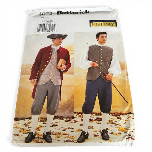 Butterick Sewing Pattern 3072 Mens Colonial Costume Outfit 32-36 Uncut Coat Vest Breeches