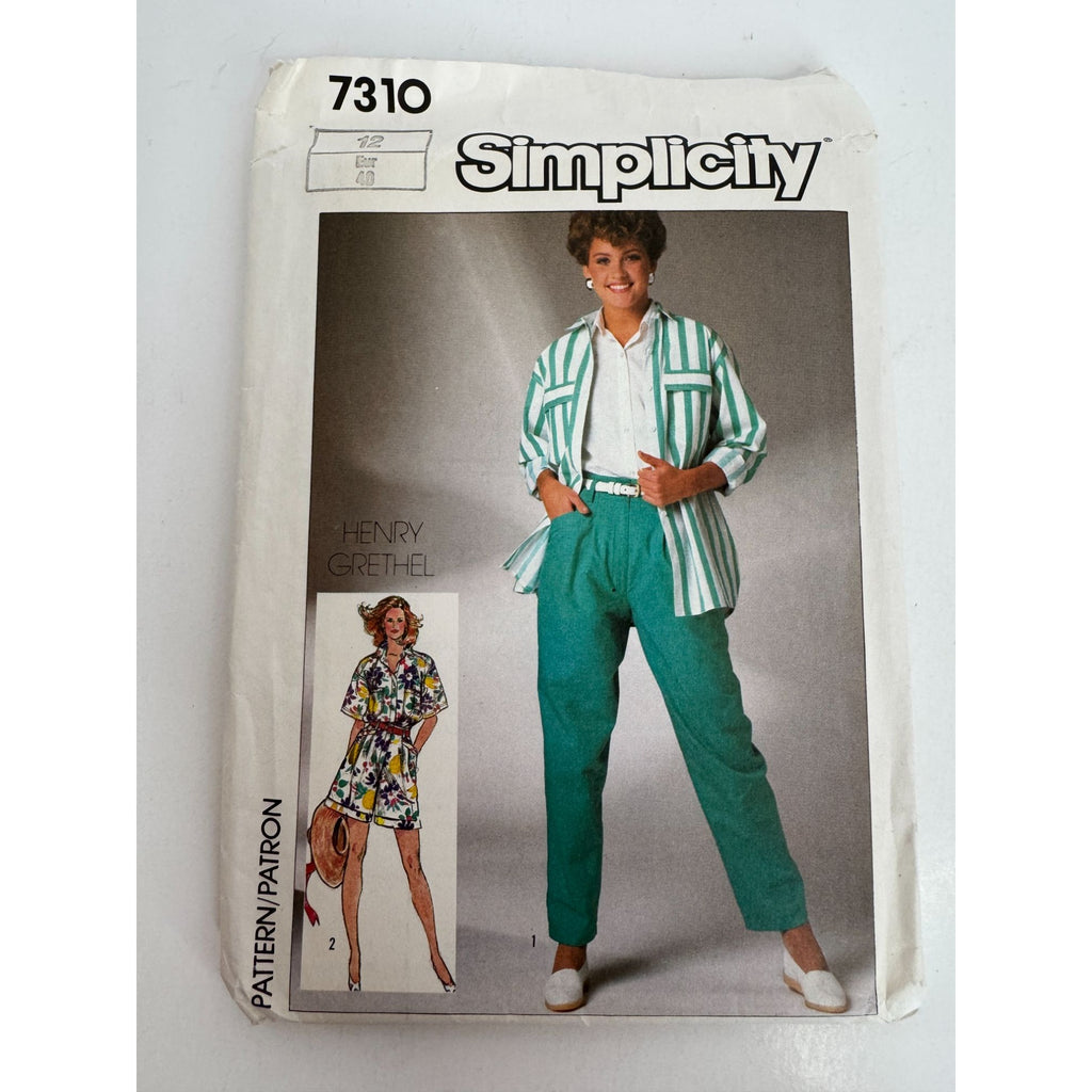 Simplicity Sewing Pattern 7310 Pants Shorts Front Button Shirt 1980s Size 12 UC