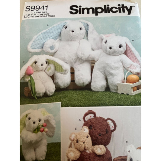 Simplicity Sewing Pattern S9941 Plush Teddy Bears Easter Bunny Rabbits Toy Uncut