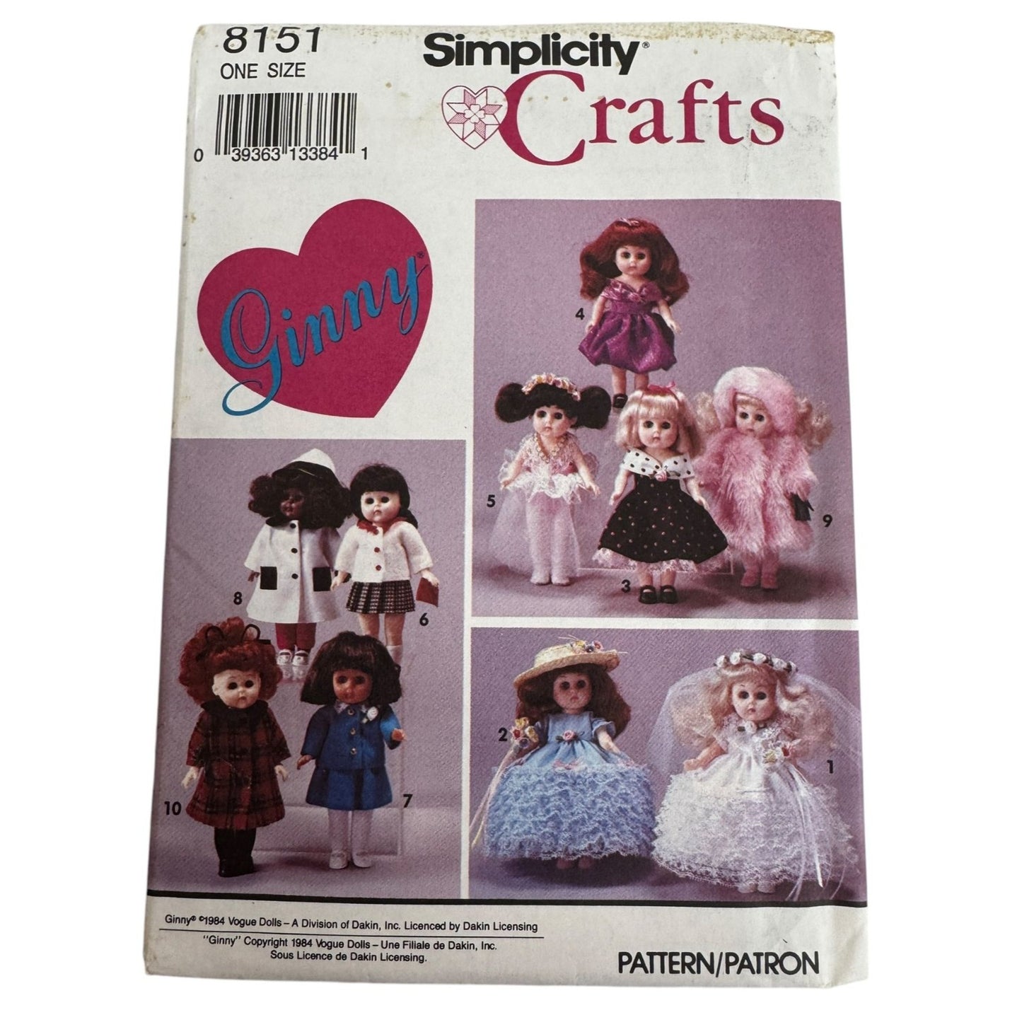 Simplicity Crafts Sewing Pattern 8151 Ginny Doll Clothing Clothes Party Dress UC