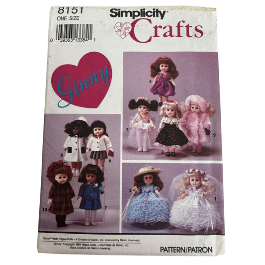 Simplicity Crafts Sewing Pattern 8151 Ginny Doll Clothing Clothes Party Dress UC